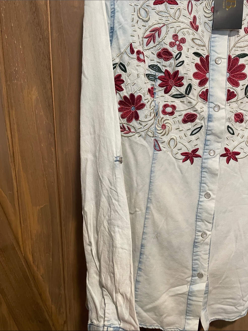 Lucky & Blessed Light Wash Denim Button-Down with Red Floral Embroidery - Picture 8 of 8